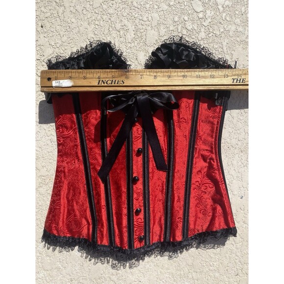 NWT BEDROOM STORIES Over-bust Corset Lace Up Boned Ruffles Womens S Red Black - Picture 4 of 13